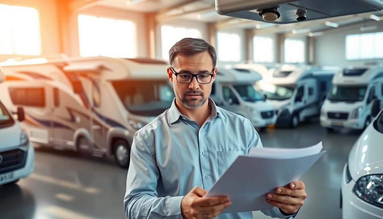 Wohnmobil Gutachten Augsburg: Fachkraft analysiert Fahrzeugdetails und Dokumente in hellem Büro.