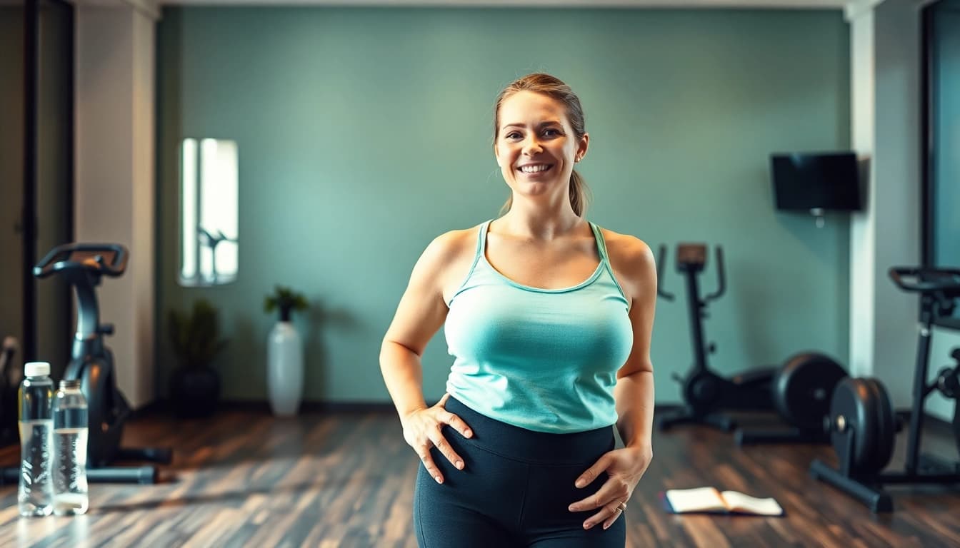 Motivierte Person schildert ihren Gewichtsverlust-Erfolg im Fitnessstudio.
