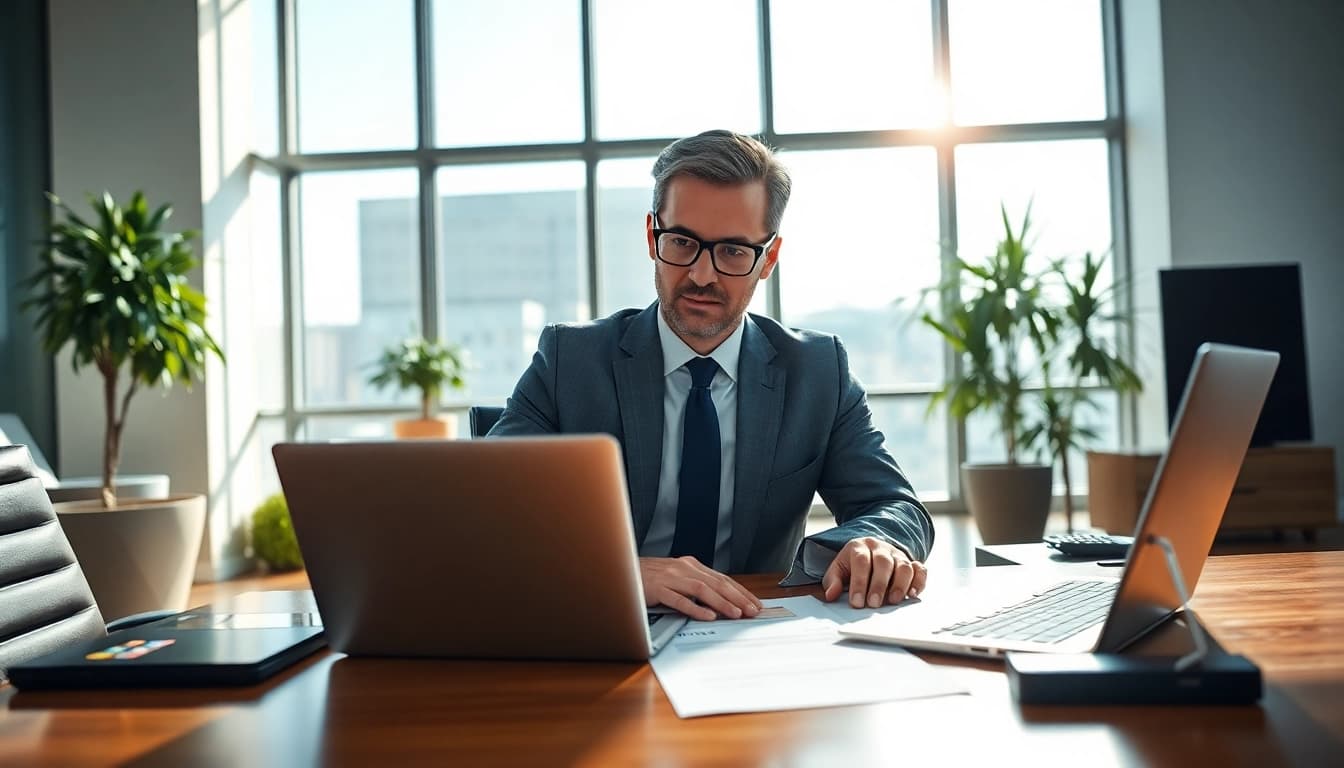 Headhunter reviewing resumes in a bright office setting