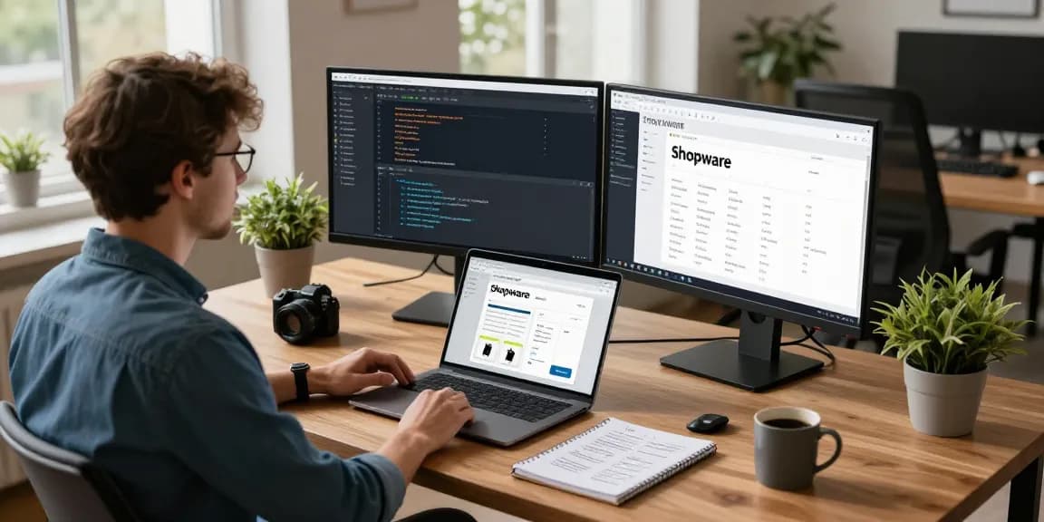 SP Webconsulting Freelancer arbeitet in einem modernen Arbeitsbereich an Shopware-Lösungen.