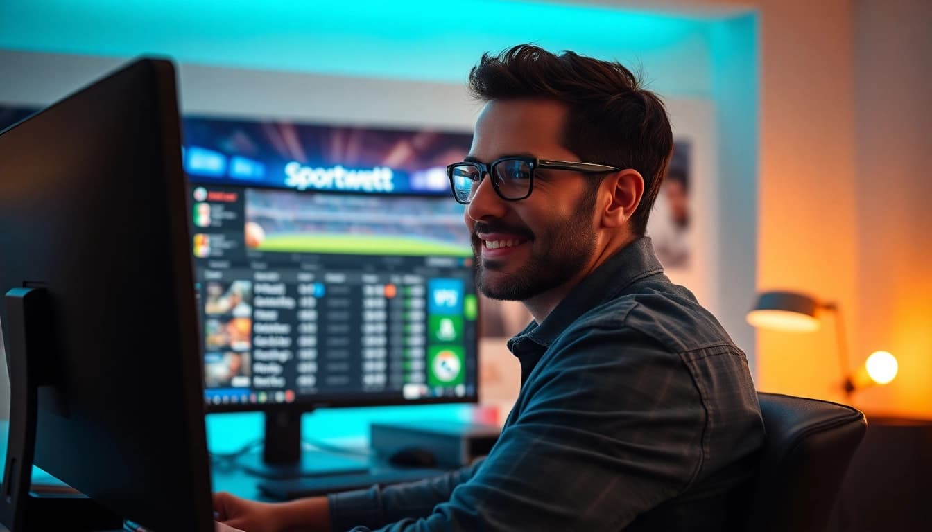 Erleben Sie grenzenlose Möglichkeiten mit sportwetten ohne einzahlungslimit, dargestellt durch einen Sportwetten-Enthusiasten am Computer.