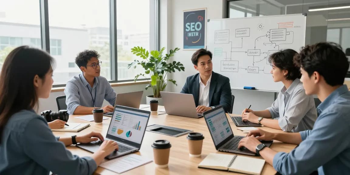 Team, das SEO Agentur Taktiken in einem modernen Büro strategisch plant.