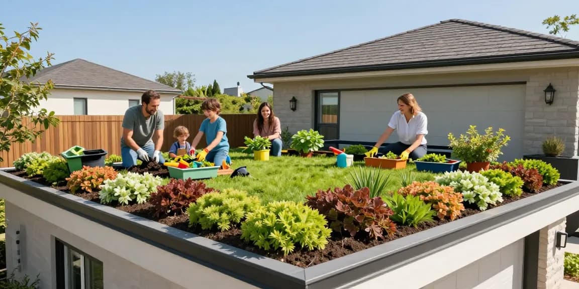 Begrüntes Garagendach mit blühenden Sedum-Pflanzen, das einen lebendigen und umweltfreundlichen Außenbereich präsentiert.