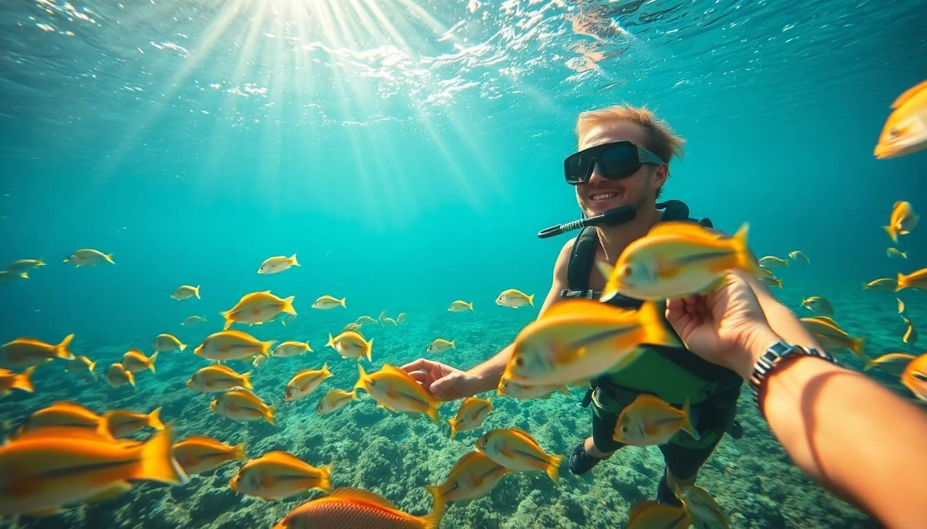TauchKurs Mexiko: Taucher erkundet die farbenfrohe Unterwasserwelt mit Korallen und Fischen.