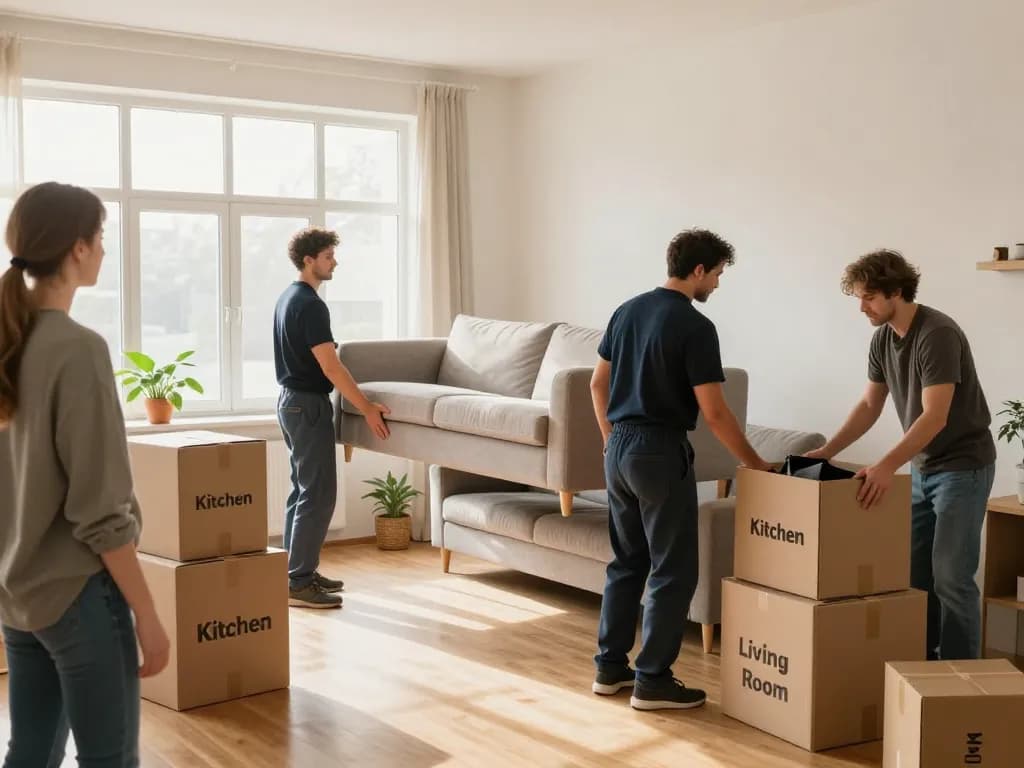 Expertenteam für professionelle Umzugsunternehmen Hannover-Dienstleistungen in einem hellen Wohnzimmer