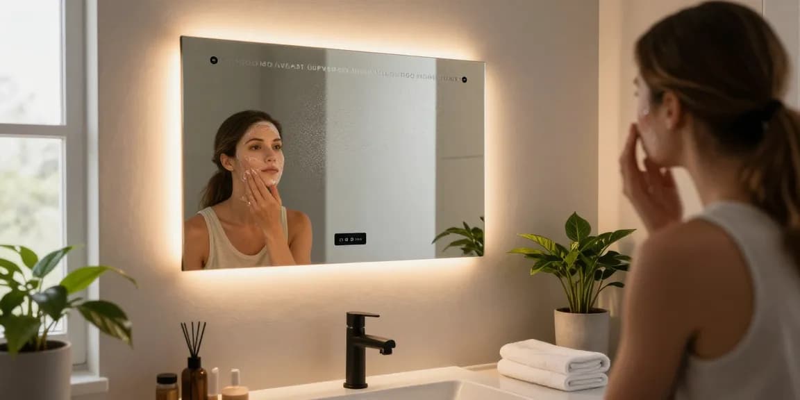 Infrarot spiegelheizung in einem modernen Badezimmer mit warmen LED-Beleuchtung und Anti-Beschlag-Funktionen für die tägliche Pflege.