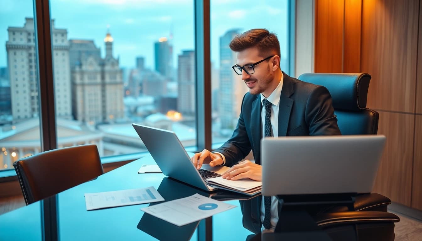 Headhunter Finance: Professioneller Berater bei der Arbeit mit Finanzdaten in modernem Büro.