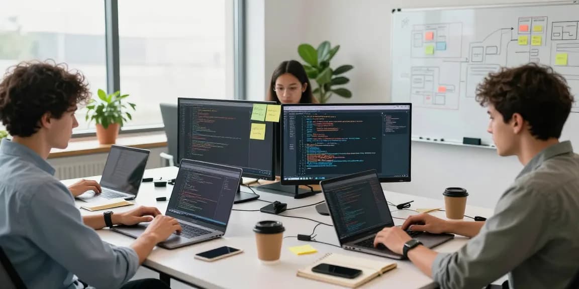 Build internal tools with AI in a collaborative software development workspace, featuring diverse developers engaging with technology.