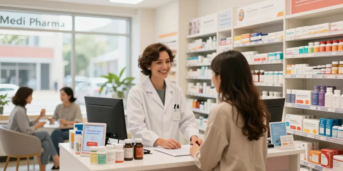 Medi Pharma Shop Einzelhandelsszene mit Apotheker, der einem Kunden zwischen Gesundheitsnahrungsergänzungsmitteln und Medikamenten hilft.