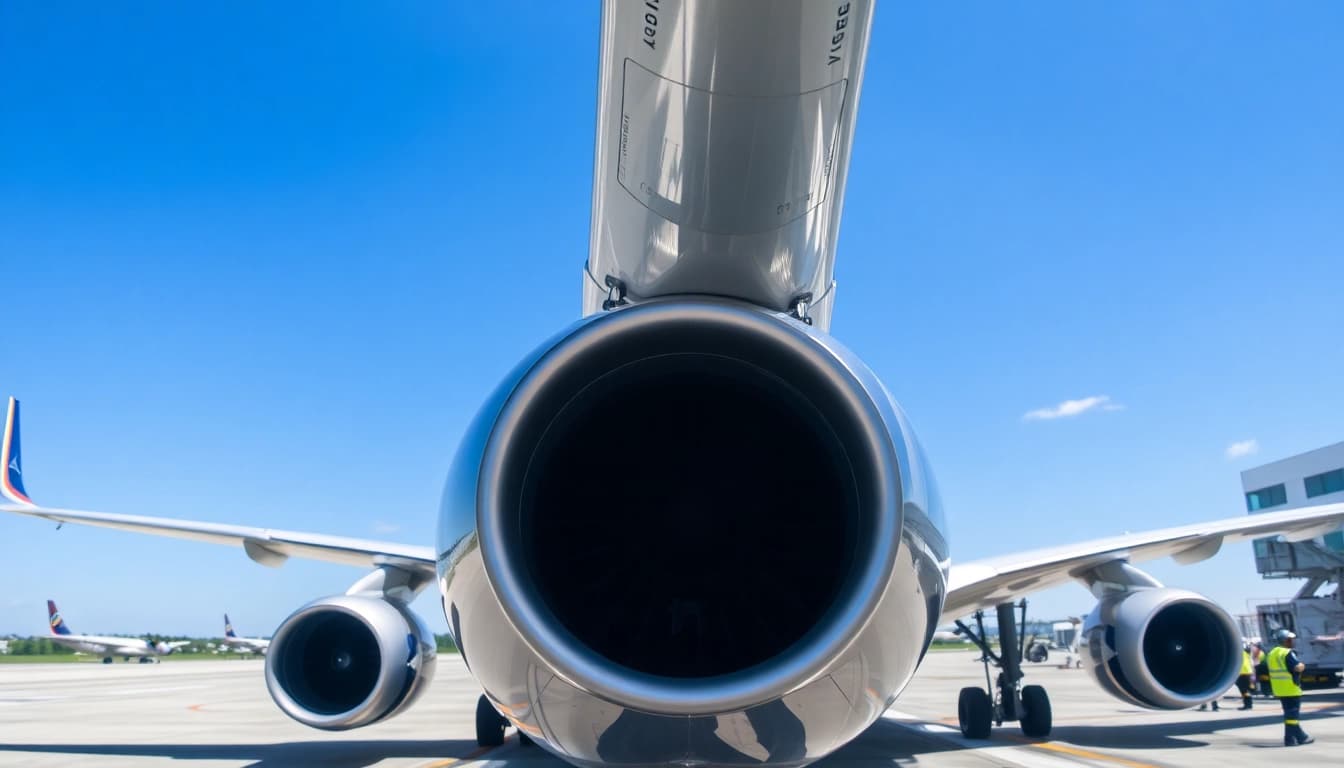 Boeing Flugzeug startet am Flughafen mit abhebender Dynamik und lebhaften Farben.