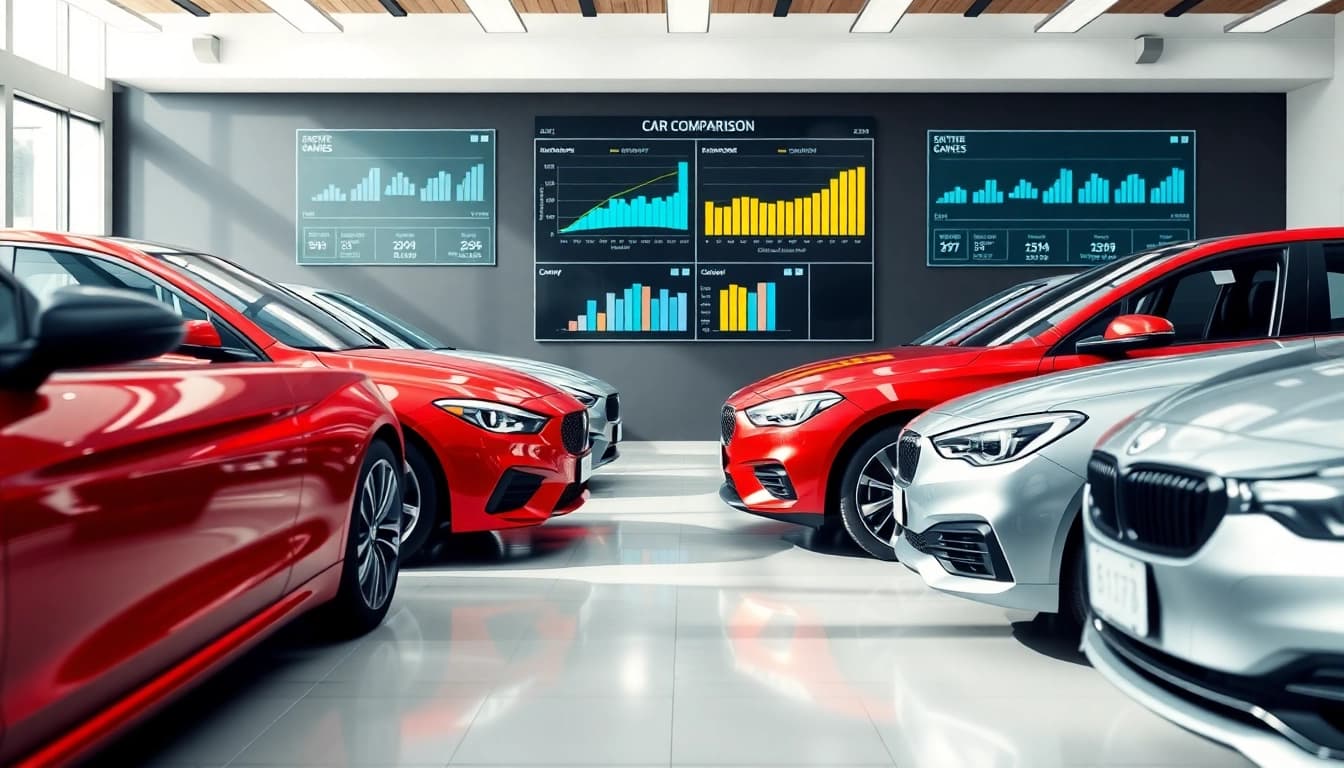 Autovergleich verschiedener Fahrzeugmodelle in modernem Showroom zur Analyse.