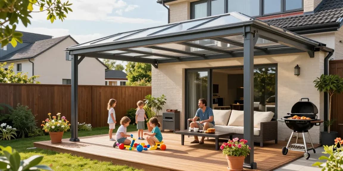 Elegante Terrassenüberdachungen schaffen einen einladenden Außenbereich mit Spielmöglichkeiten für die Familie.