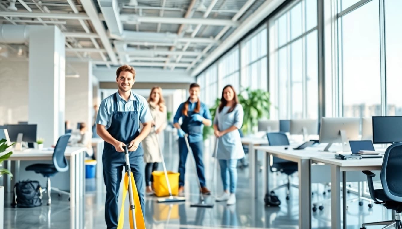 Effiziente gebäudereinigung münchen mit Reinigungsteams in einem modernen Büro.
