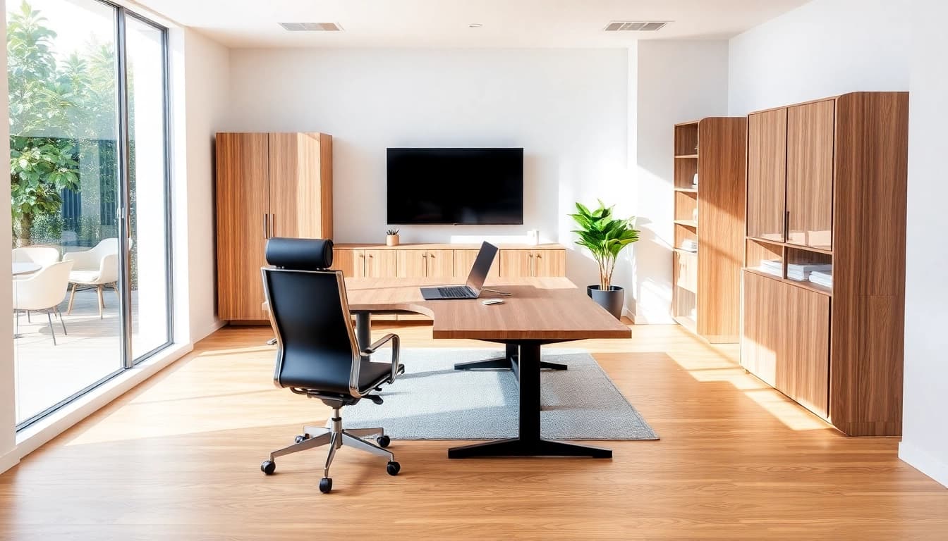 Stilvolle Büromöbel in einem modernen Büro mit eleganter Einrichtung.
