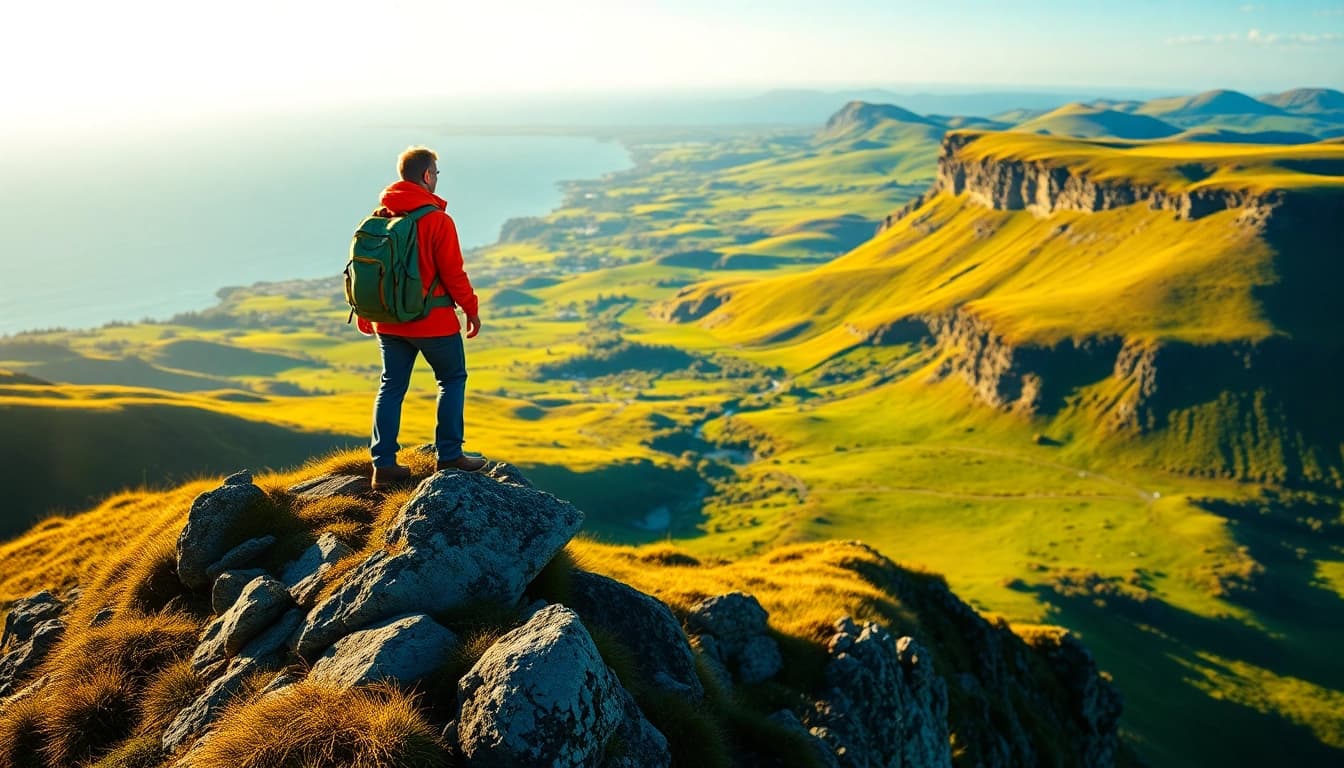 Irland wandern: Hiker standing on cliffs with stunning Irish landscape in the background.