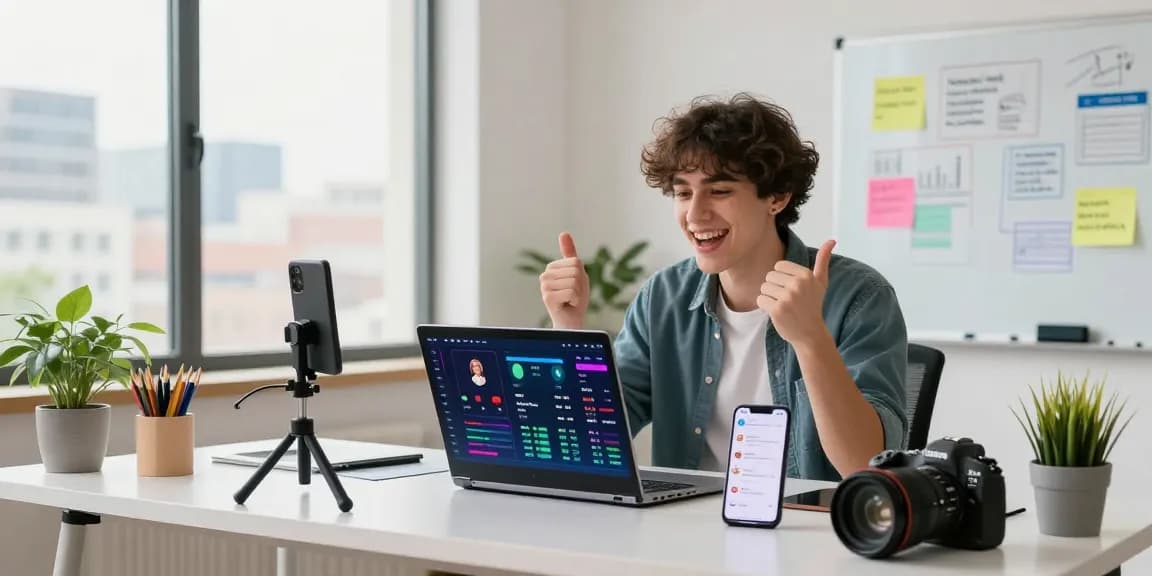 Die Szene zeigt einen Content Creator, der YouTube Likes kaufen nutzt, um Zuschauer bei einem Livestream zu begeistern und die Engagement-Statistiken zu analysieren.