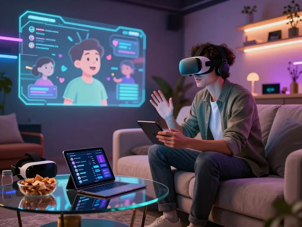 Engaging in porn chat AI from a cozy digital lounge with avatar interactions.