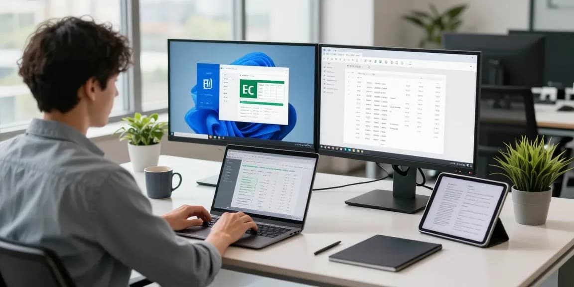 Office 2024 Pro Software sofort verfügbar in einem modernen Arbeitsumfeld mit Laptop und Monitoren.