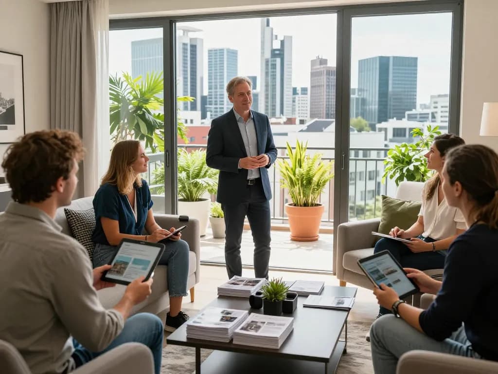 Immobilienmakler Frankfurt Sachsenhausen präsentiert eingerichtete Wohnung, moderne Einrichtung, Ausblick auf die Skyline der Stadt.