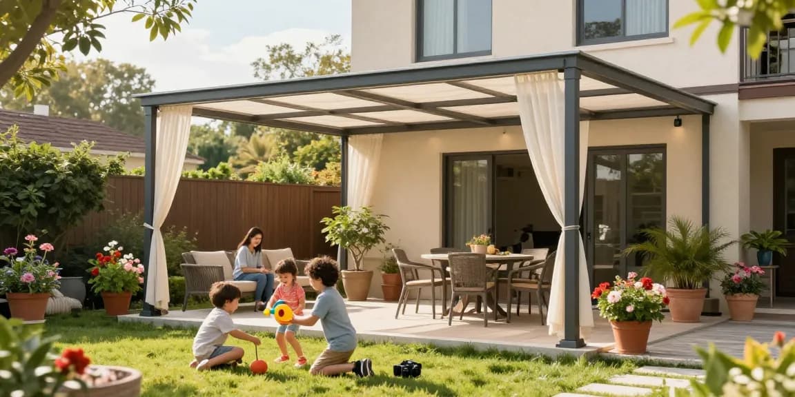 Freistehende Terrassenüberdachung in sonnigem Garten mit Familie, die Aktivitäten genießt.