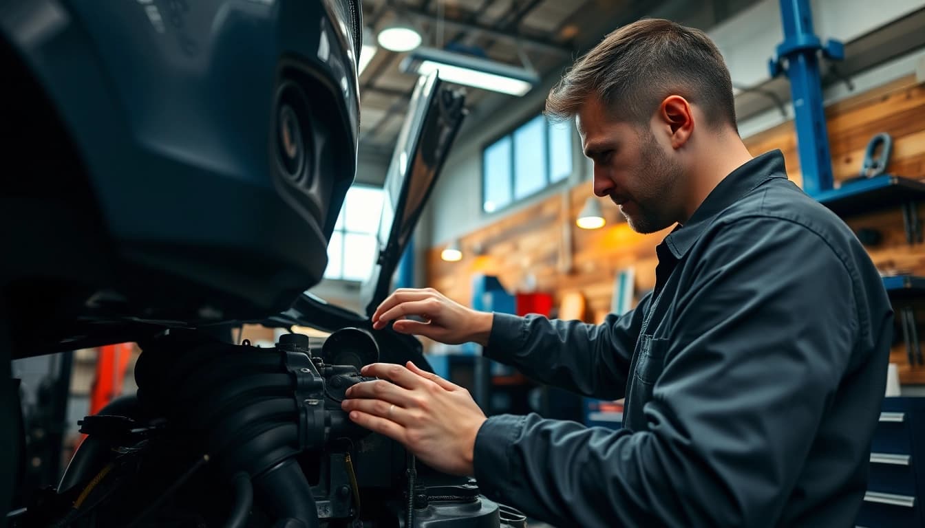 Motorschaden Ankauf – Mechanic assesses a damaged vehicle in a well-lit workshop.