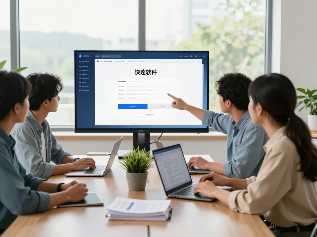 团队在现代办公室环境中协作安装快连软件。
