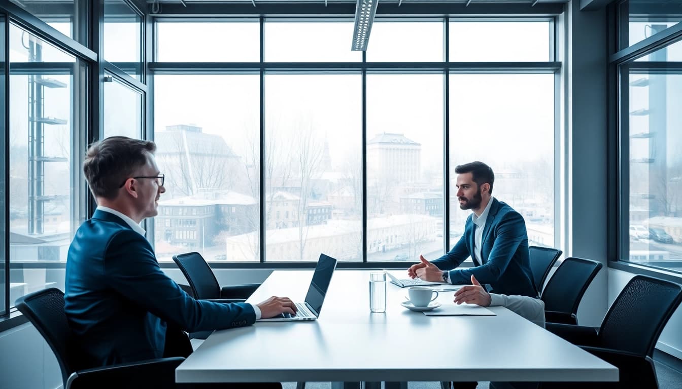 Headhunter Karlsruhe im Gespräch mit einem Kandidaten in einem modernen Büro.