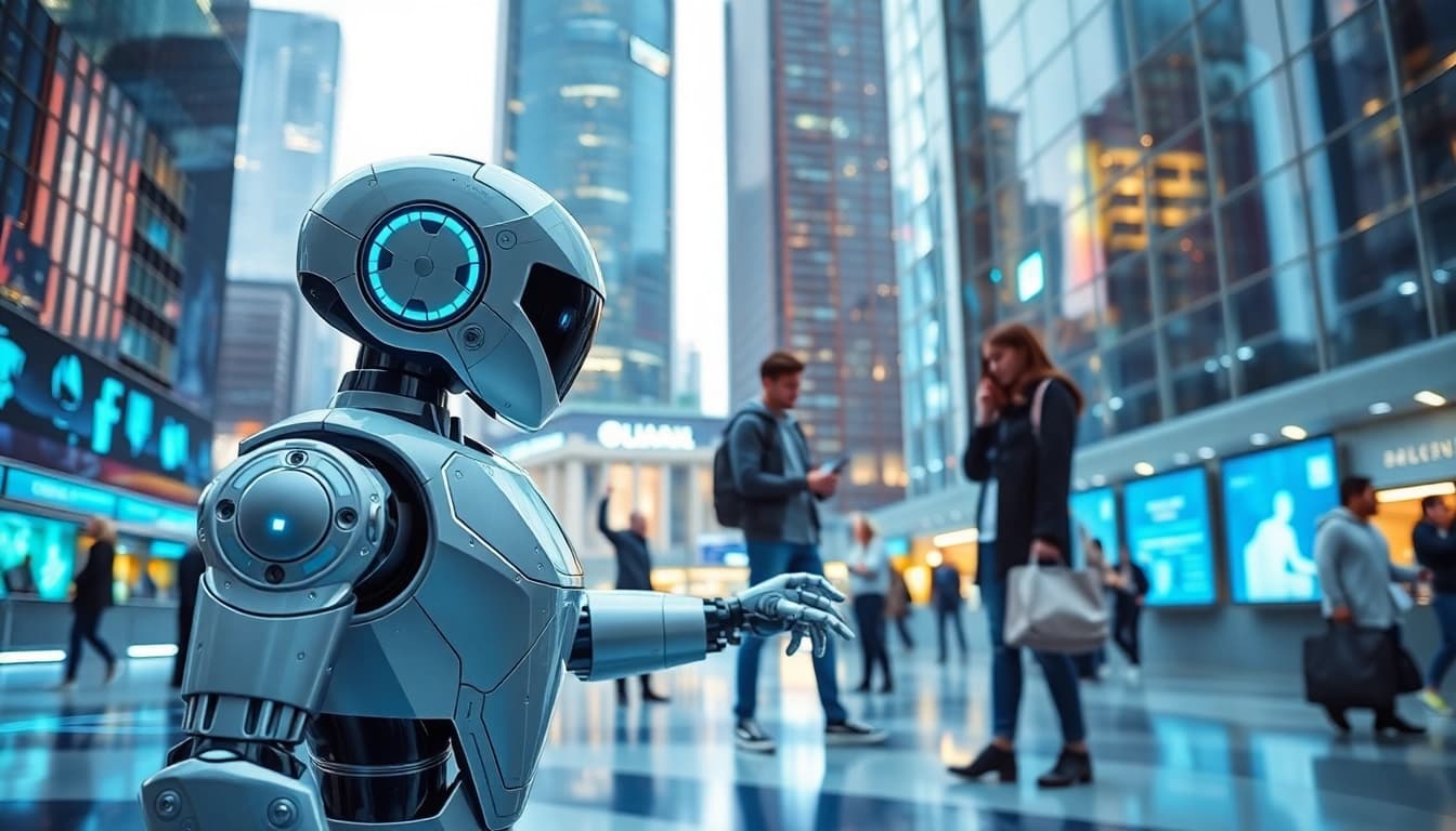 Die Technologie hilft Menschen in einer modernen urbanen Umgebung, interagierend mit Robotern.