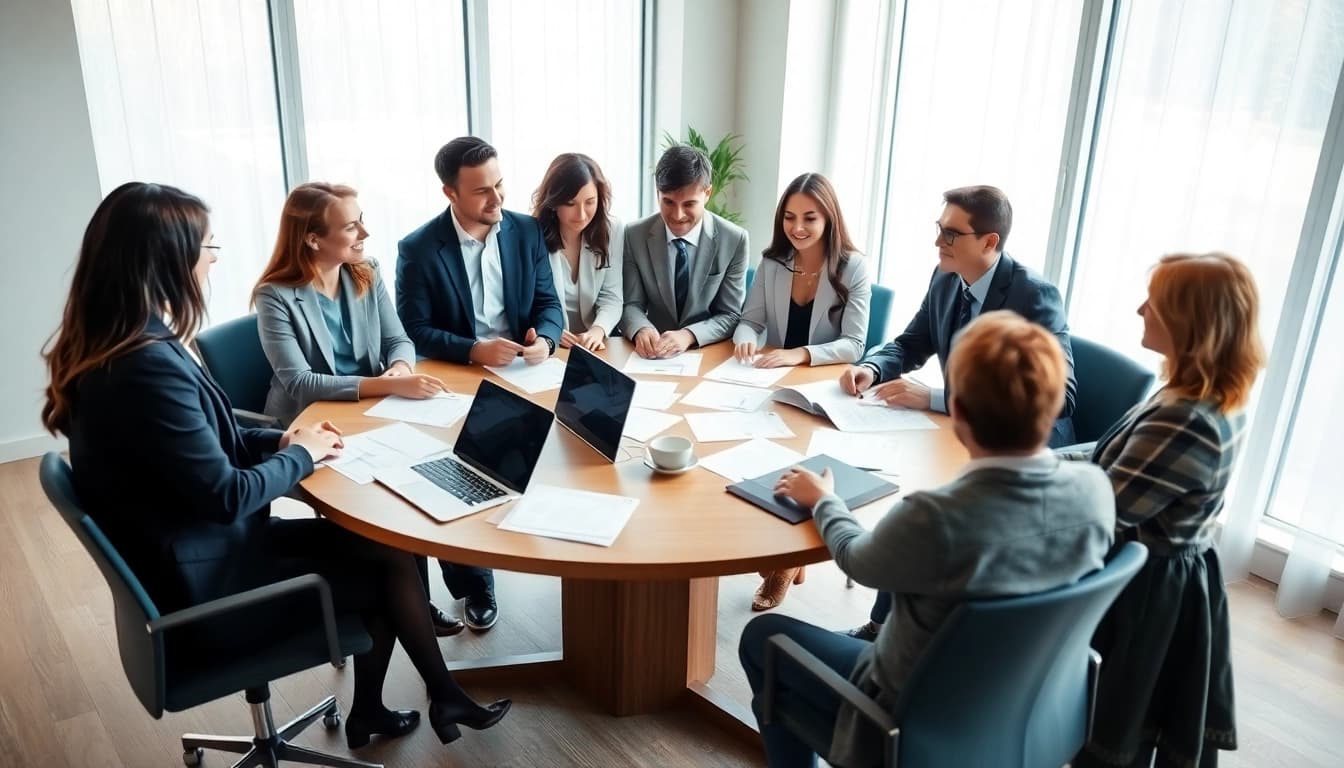 Headhunter Wiesbaden bespricht rekrutierungsstrategien mit Klienten am Tisch.