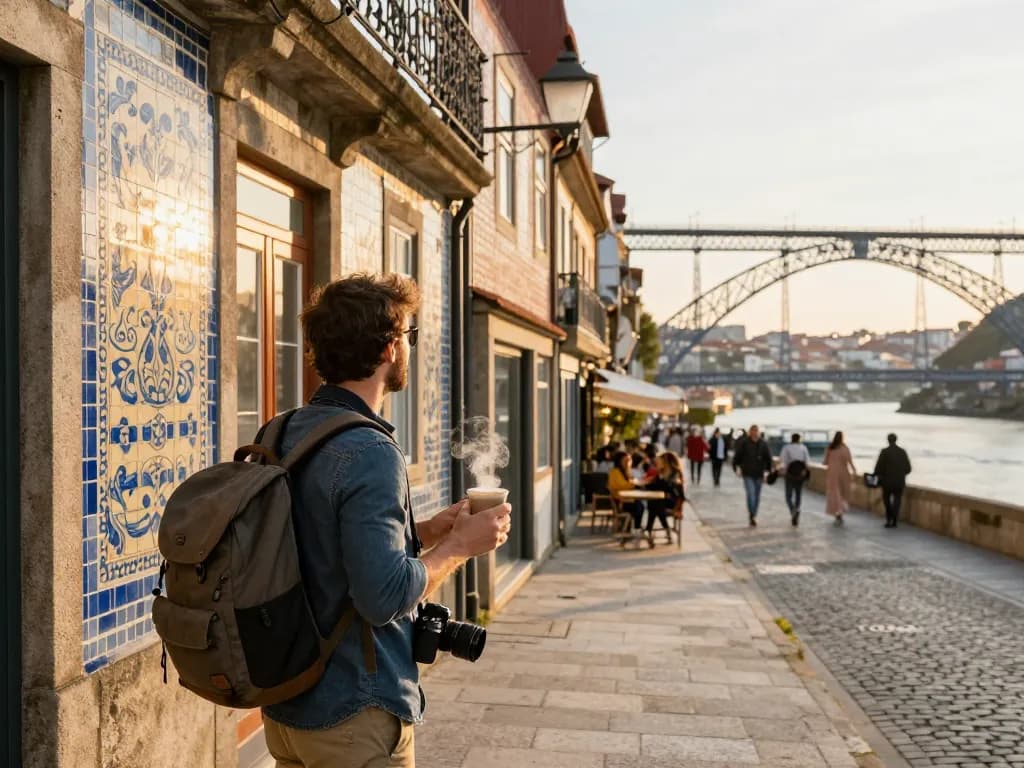 Reisetipps Porto mit einem Reisenden, der die lebhaften Straßen und die Architektur von Porto während der goldenen Stunde genießt.