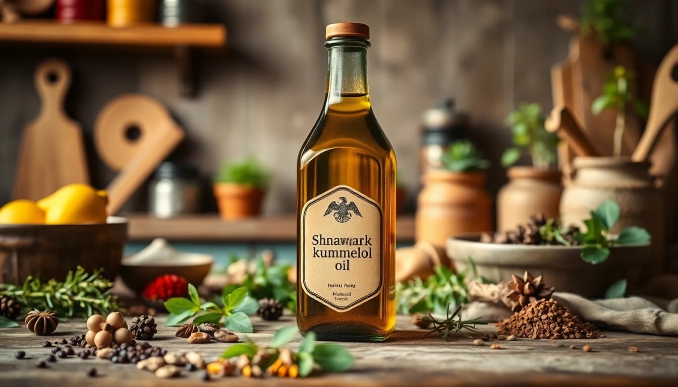 Schwarzkümmelöl bottle showcased amidst herbs and spices, highlighting natural health benefits.