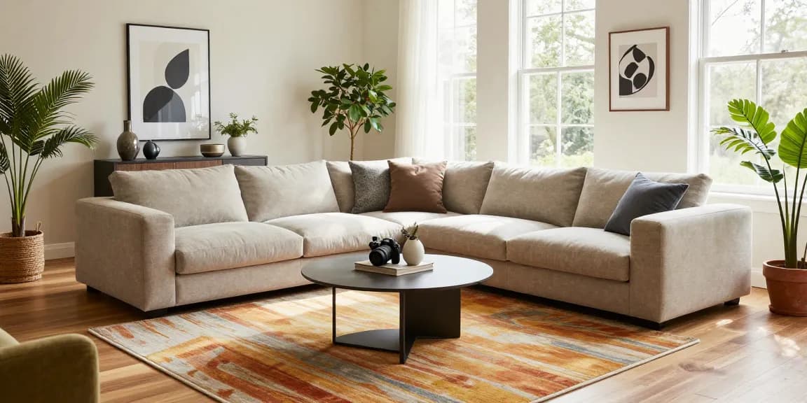 Modernes Wohnzimmerdesign mit stilvollem modularen Sofa und Möbeln, perfekt für einen Möbel Shop online.