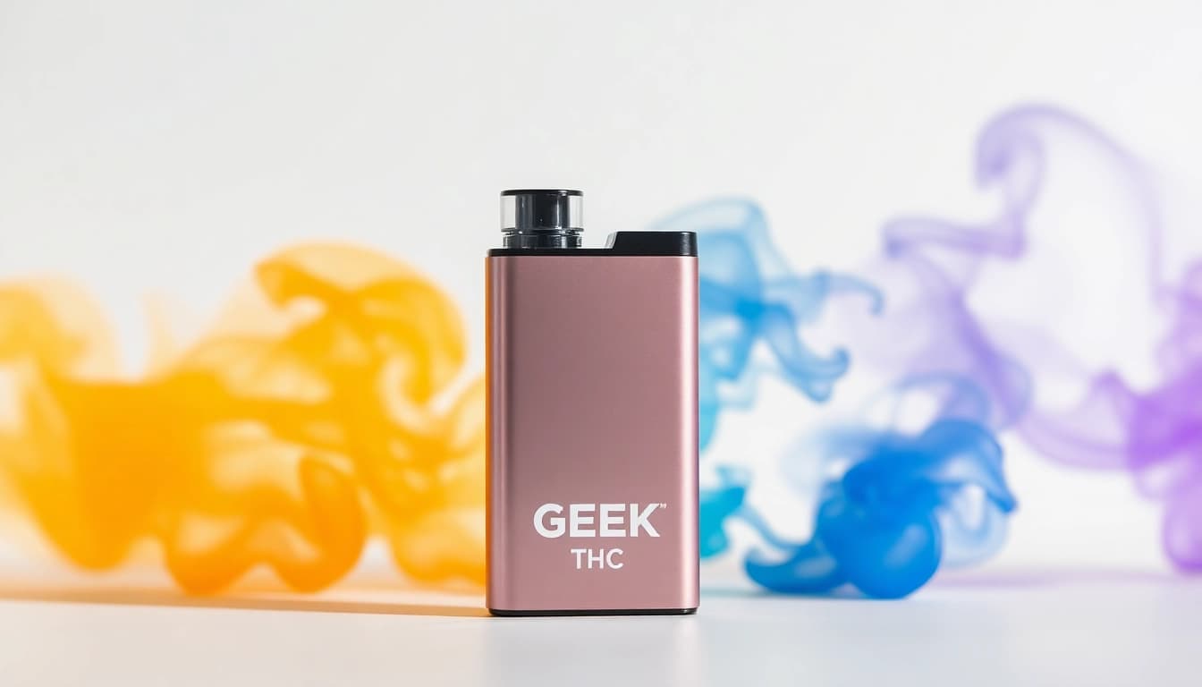 Explore GEEK THC disposable vape showcasing its premium design against vibrant vapor clouds.