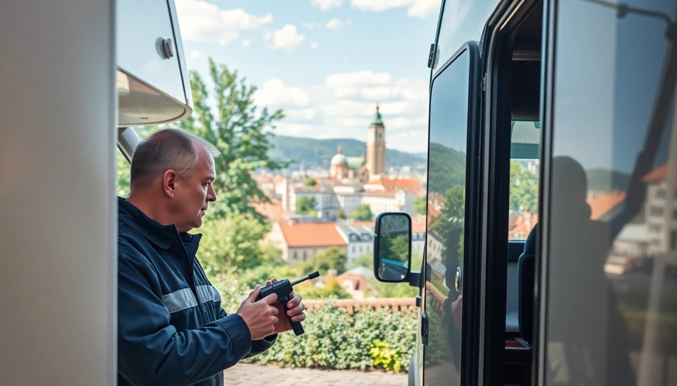 Wohnmobil Gutachten Augsburg: Mechanic inspecting a motorhome in Augsburg's scenic environment.