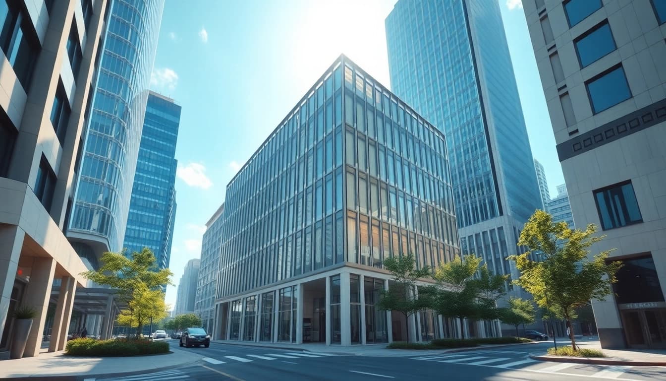 Architektur visualisierung einer modernen Gebäudeansicht in urbaner Umgebung.