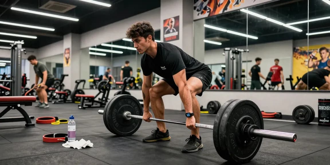 Sportler im Fitnessstudio, der Krafttraining mit Produkten von Steroidshop zeigt.