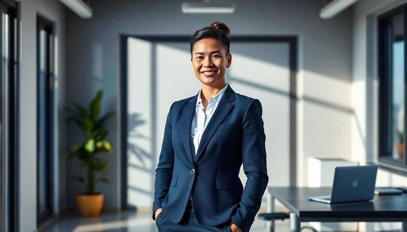 AI generated professional headshot showcasing a confident individual in business attire.