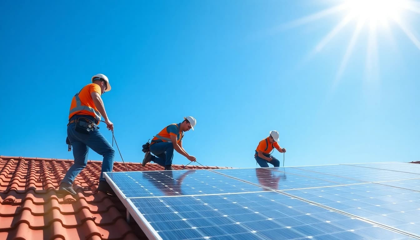 Erfahrene Profis installieren Photovoltaik Leads auf einem sonnigen Dach.