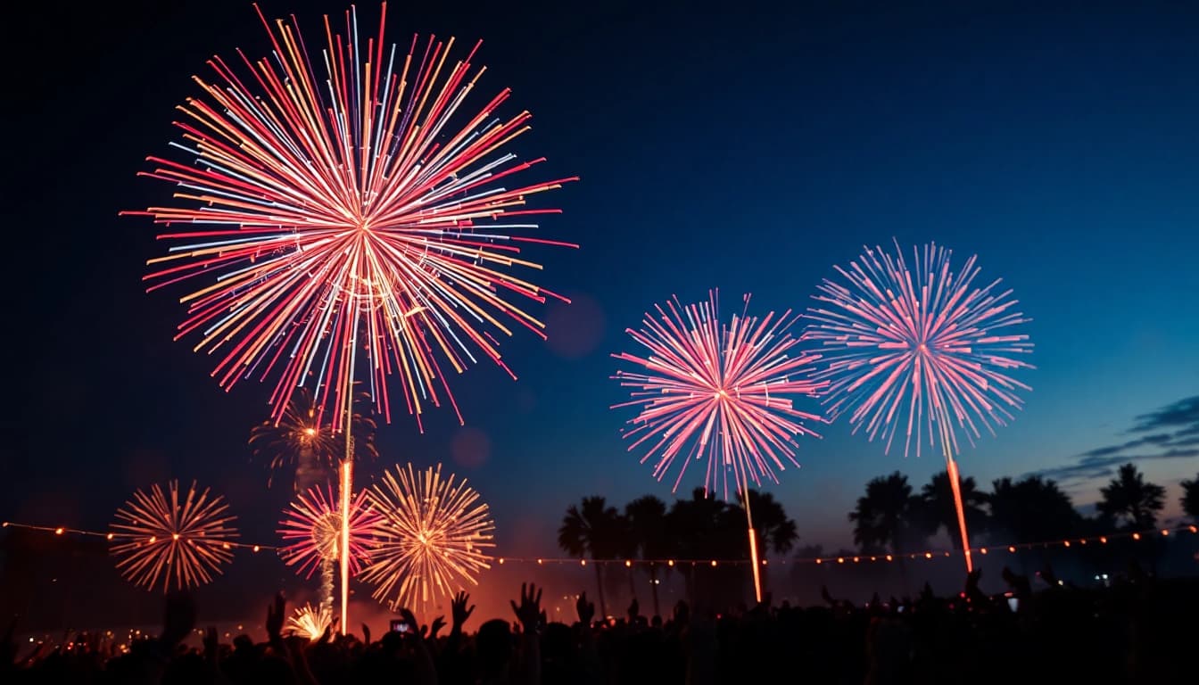 Exciting fireworks for sale illuminating the night sky at a vibrant celebration event.