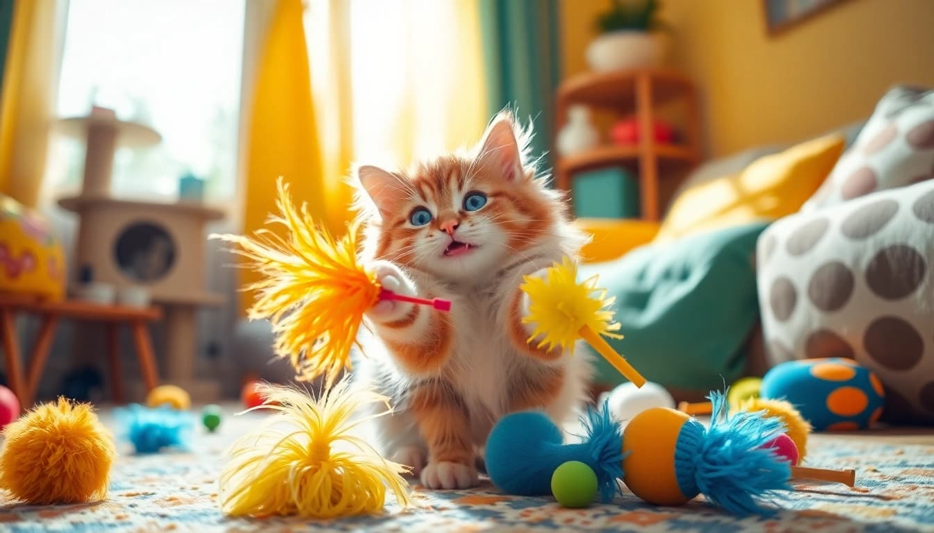 Katzenspielzeug und spielende Katze in einem gemütlichen Raum mit angenehmer Atmosphäre.