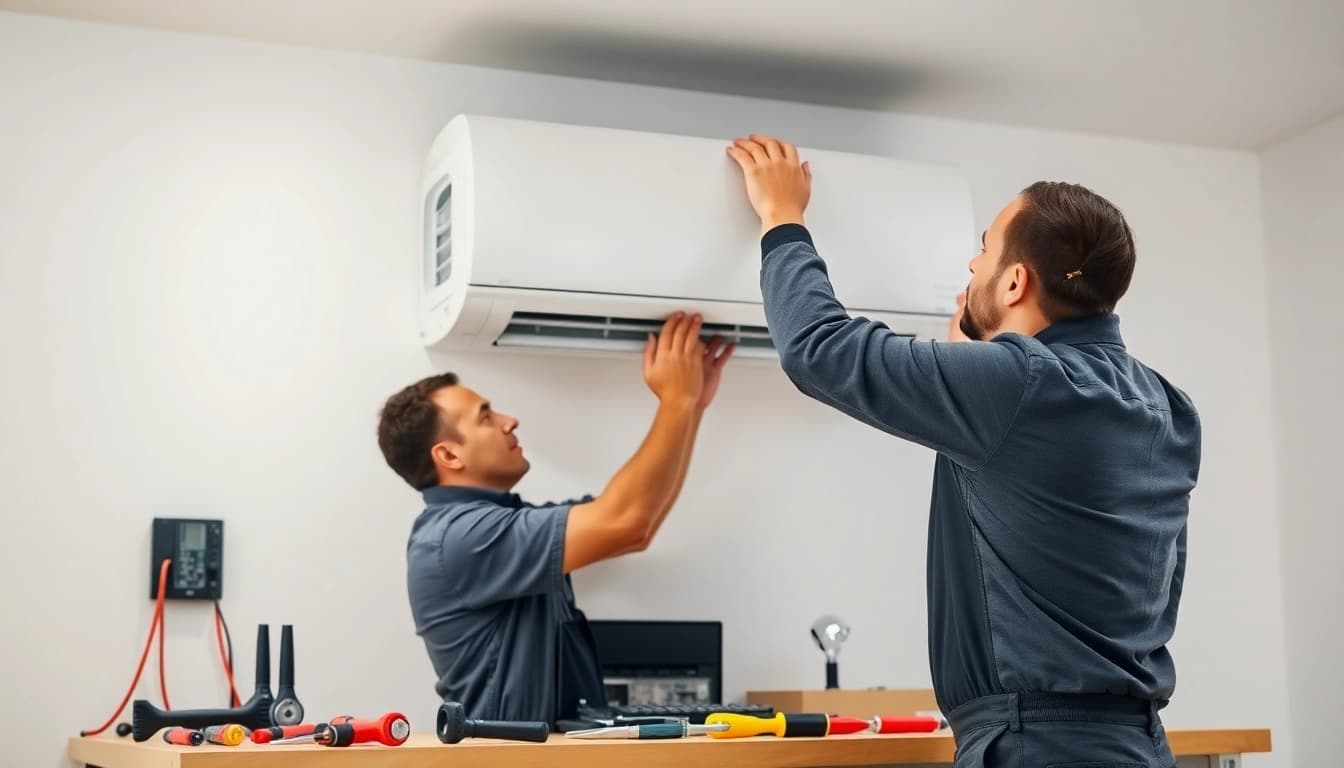 Klimaanlagen installieren lassen: Techniker montiert eine Klimaanlage mit professionellem Equipment.