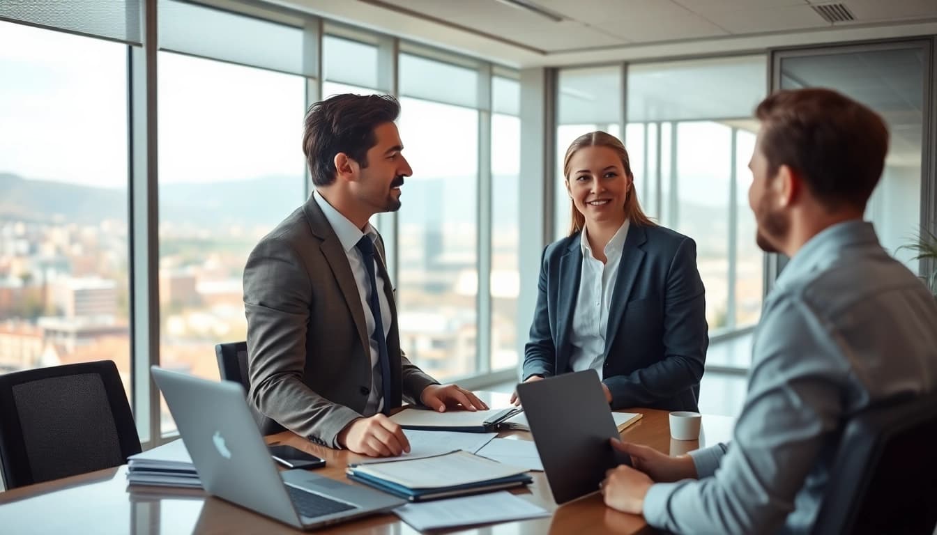 Hochqualifizierter Headhunter Schweiz führt ein Gespräch mit einem Kandidaten in einem modernen Büro.