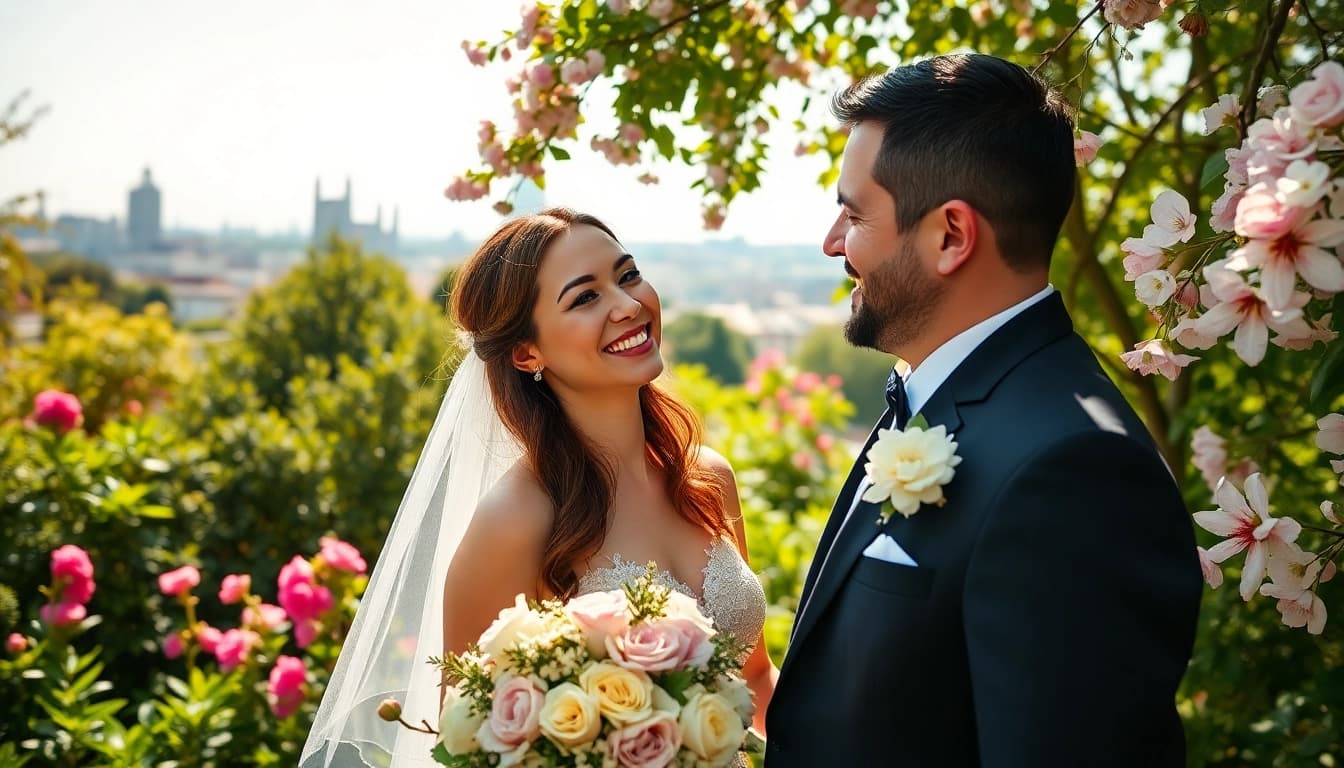 Hochzeitsfotograf München fängt das glückliche Paar in einem hübschen Garten in München ein.