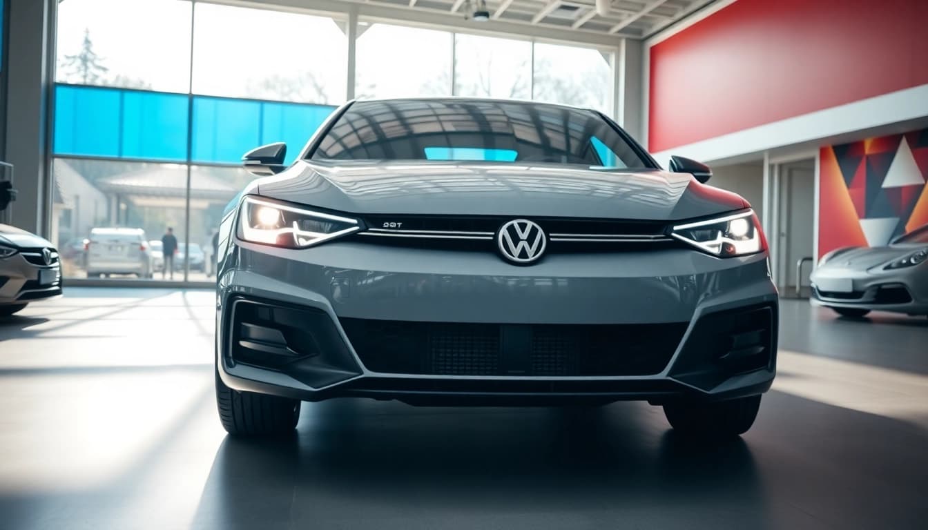 Auto kaufen in einem modernen Autohaus mit einem eleganten Fahrzeug im Mittelpunkt.