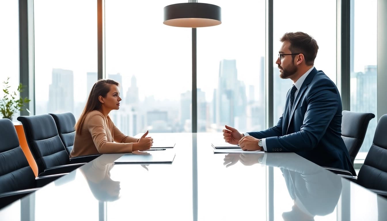 Headhunter Ingenieure in an engaging conversation with an engineer candidate in a modern office.