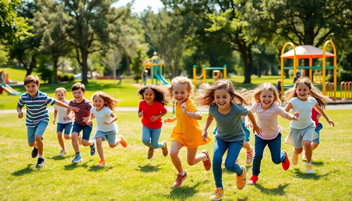Kinder spielen Bewegungsspiele im Freien und hier mehr erfahren ueber die Vorteile.
