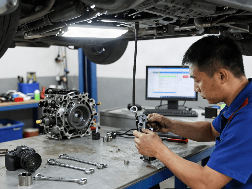 Kiểm tra linh kiện link f168 trong xưởng sửa chữa ô tô.