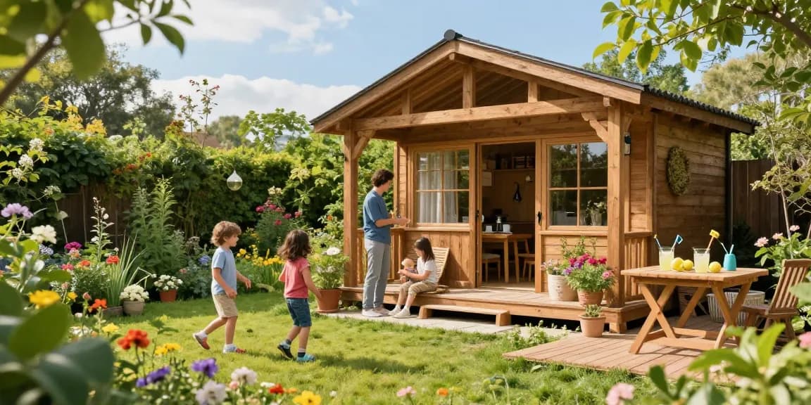 Gartenhäuser aus Holz umgeben von Blumen und Familie im Freien, die gemütliche Atmosphäre genießen.