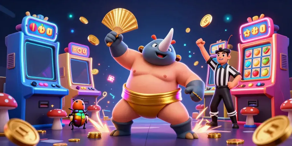 Experience thrilling gameplay in lode88v2 with vibrant characters and slot machines amidst flying coins.