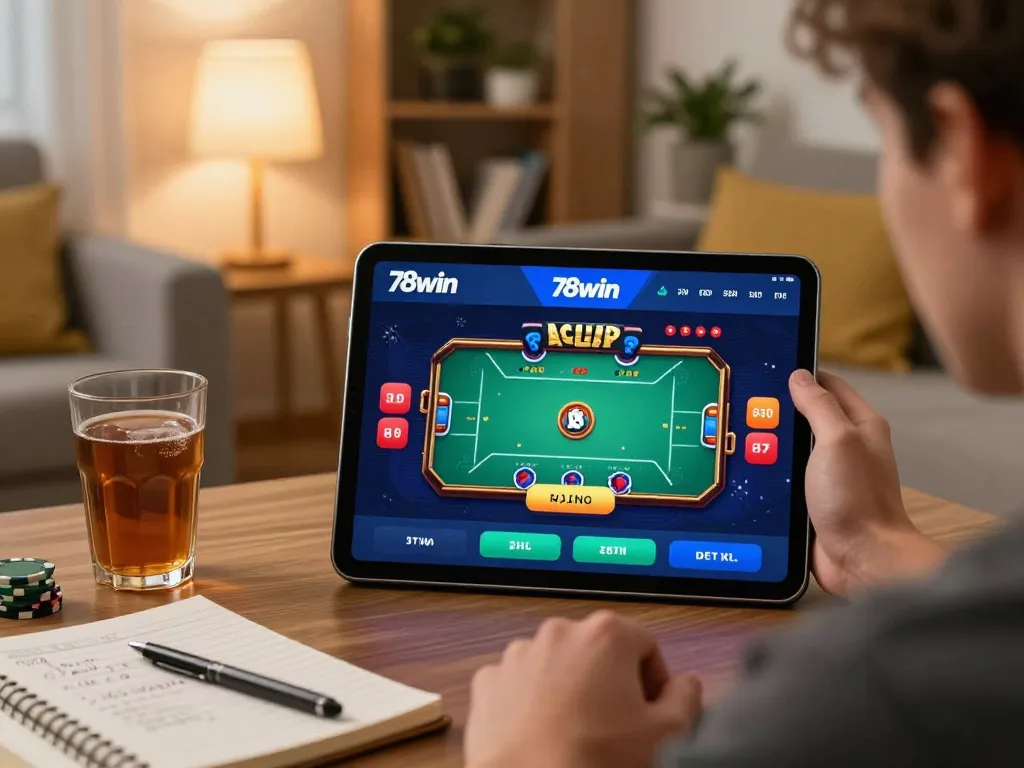 Engaging in a live poker game on the 78win app, showing strategic notes, in a cozy setup.